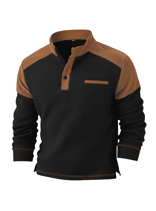 Herren nan Waffelstrick-Henley mit Stehkragen, Cord-Schulterpasse und Brustpaspel R&B