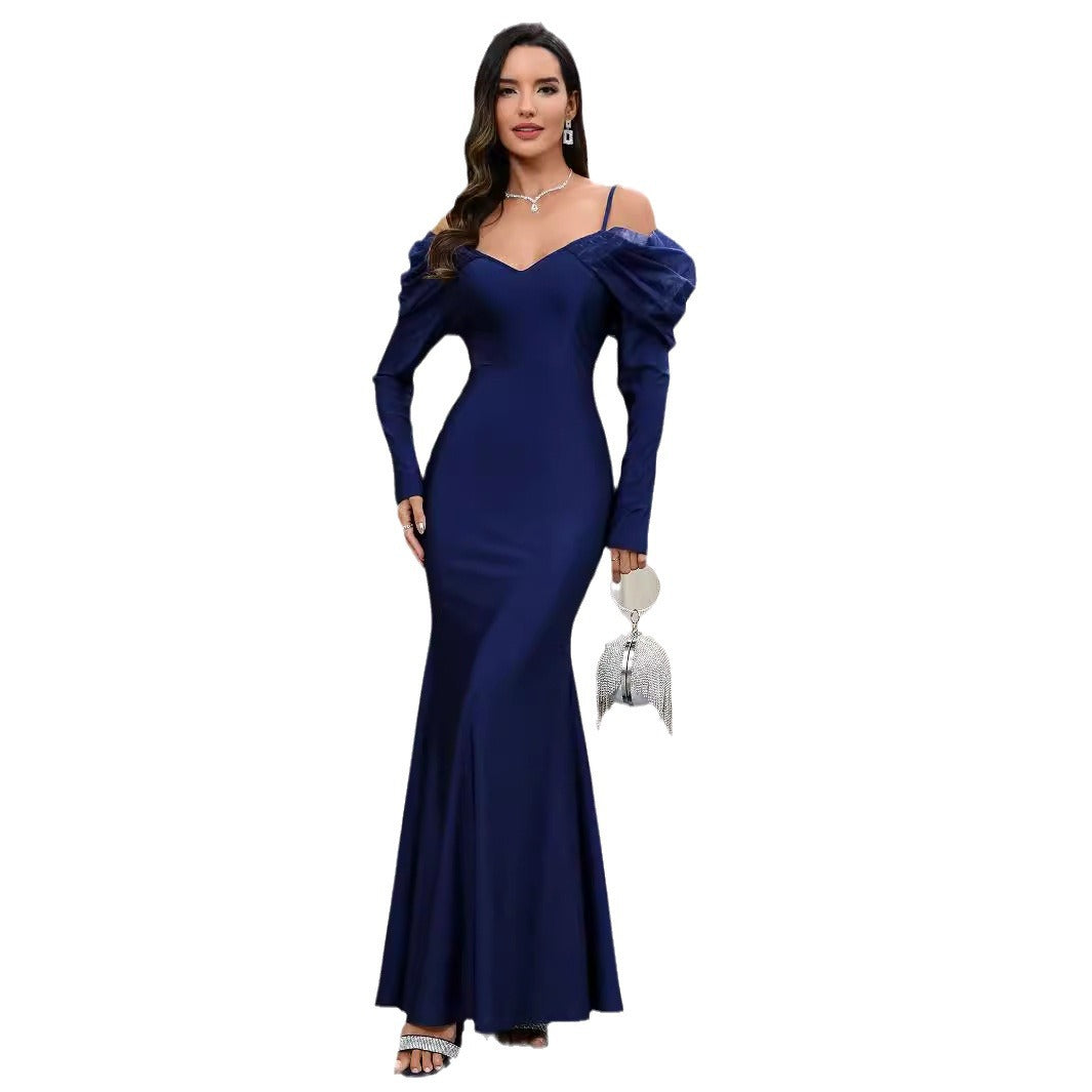 Damen Elegantes Maxikleid mit Steckkragen und schulterfreiem Design R&B