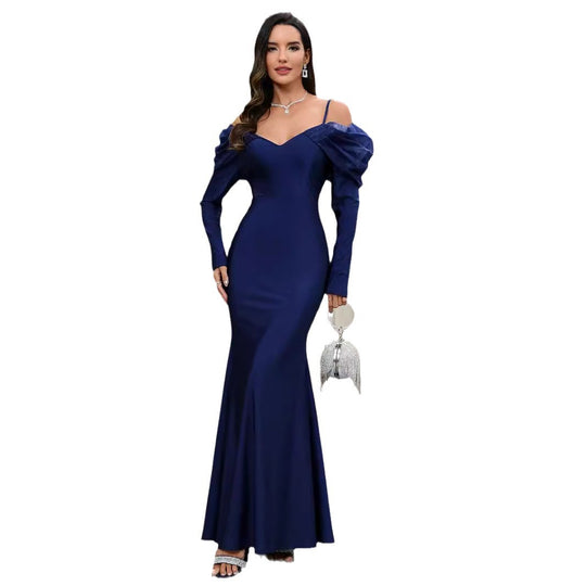 Damen Elegantes Maxikleid mit Steckkragen und schulterfreiem Design R&B