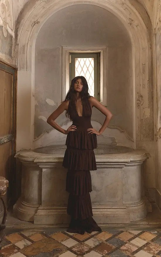 Damen Festliches Maxikleid mit Volantröcken R&B