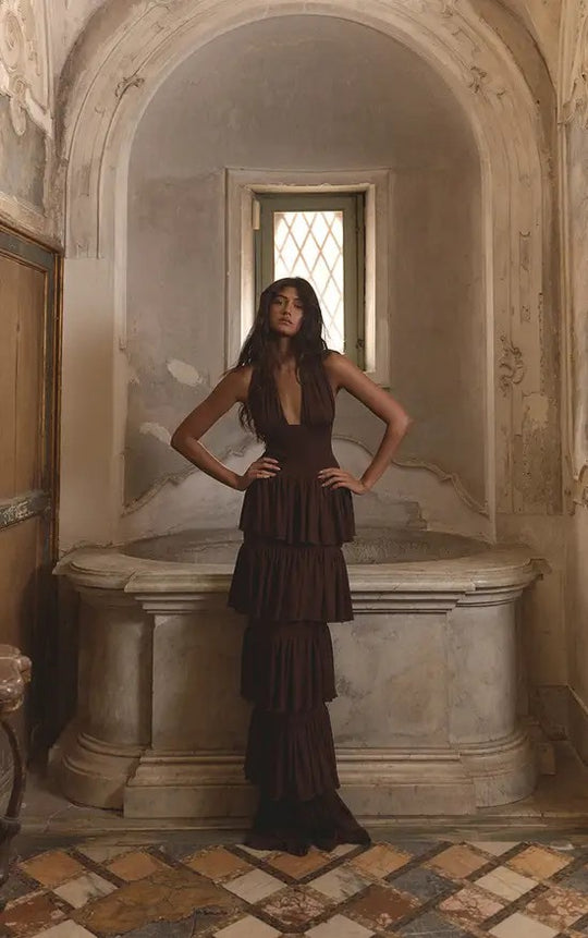 Damen Festliches Maxikleid mit Volantröcken R&B