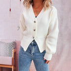Damen leichte Strickjacke mit tiefem V-Ausschnitt und dekorativen Knöpfen R&B