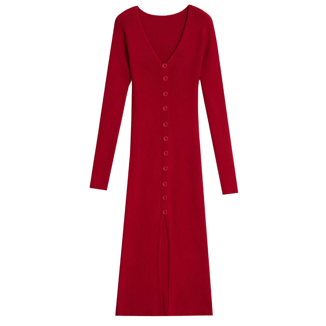 Damen Langes Strickkleid mit V-Ausschnitt und durchgehender Knopfleiste R&B