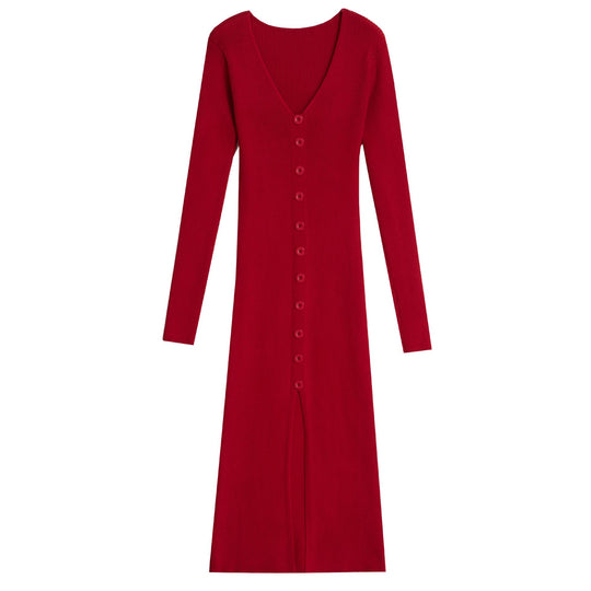 Damen Langärmliges Maxikleid mit Rippstruktur und Knopfdetail R&B