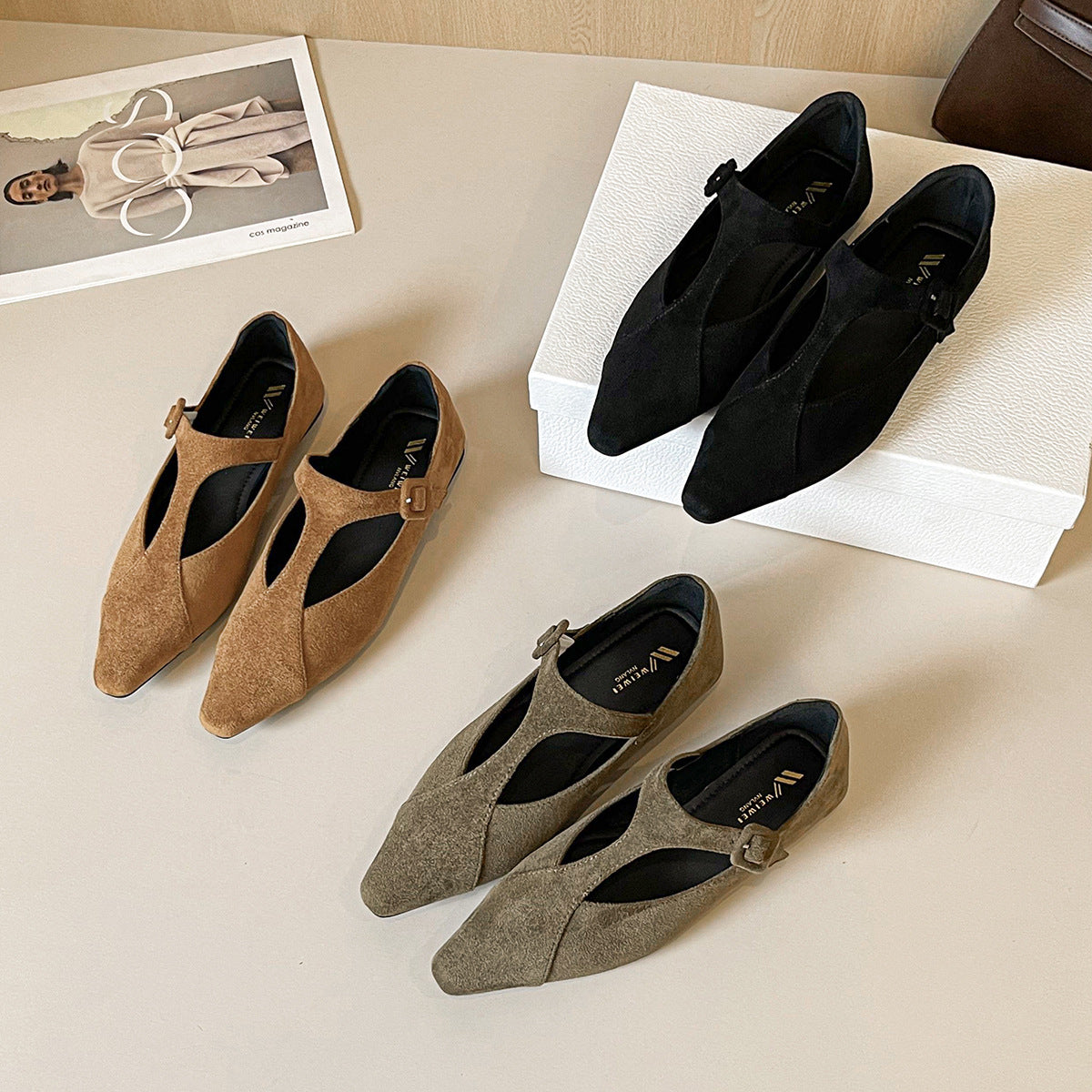 Damen spitze Ballerinas mit modischem Riemenverschluss