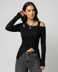 Damen Langarmshirt Slim Fit Off-Shoulder Top in Schwarz
