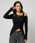 Damen Langarmshirt Slim Fit Off-Shoulder Top in Schwarz