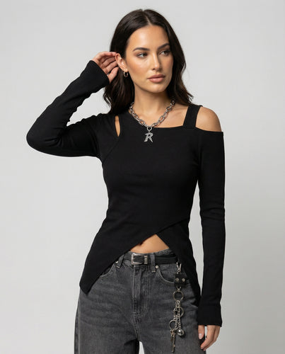Damen Langarmshirt Slim Fit Off-Shoulder Top in Schwarz