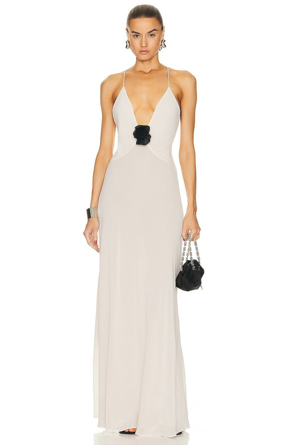 Damen Elegantes Maxikleid mit tiefem V-Ausschnitt und zarter Blumenapplikation R&B