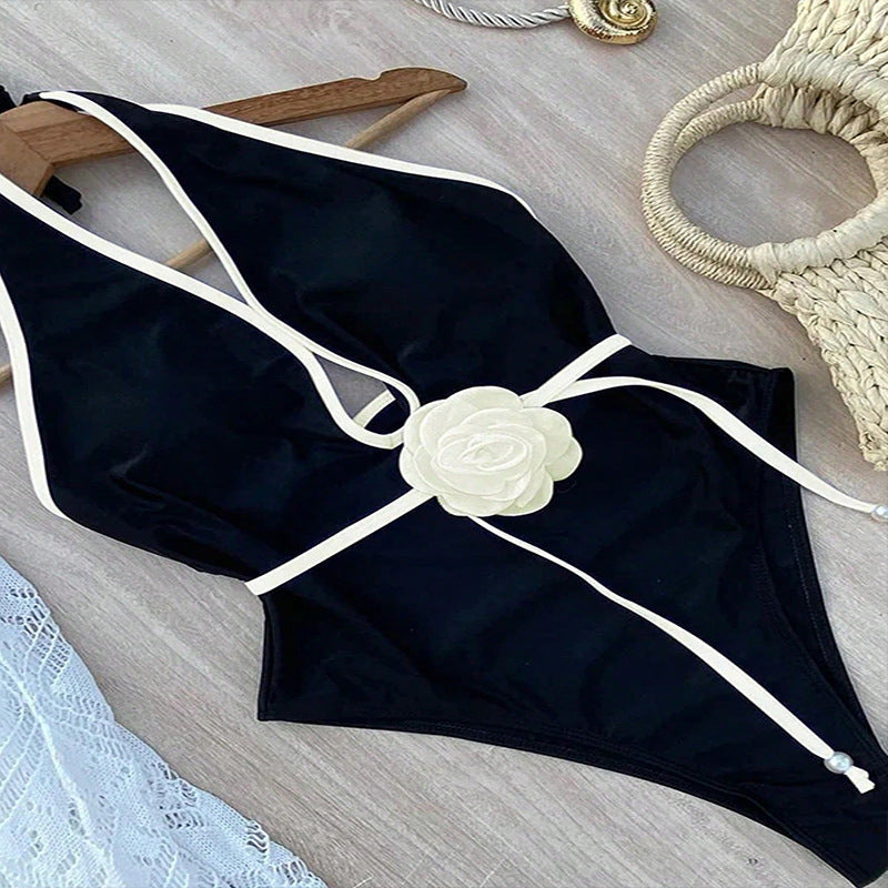 Damen Eleganter Hochgeschnittener Badeanzug mit floraler Applikation und tiefem V-Ausschnitt R&B