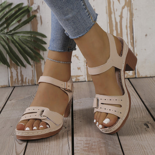 Damen modische Sandaletten mit eleganter Schnalle und Holz-Blockabsatz R&B