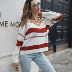 Damen V-Ausschnitt Strickpullover mit gestreiftem Design und lässigem Schnitt R&B
