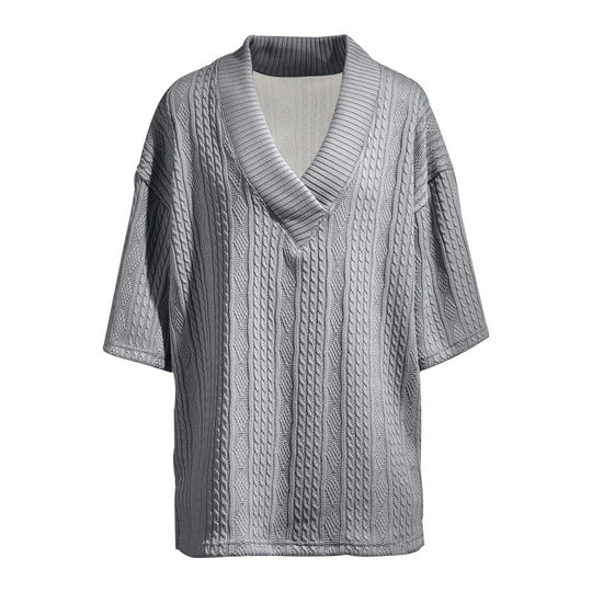 Damen nan Kurzarm-Strickpullover im weiten Schnitt mit tiefem V-Kragen und Zopfmuster R&B