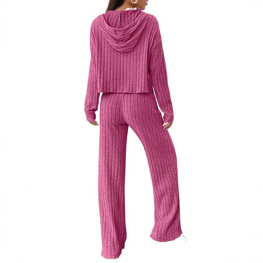 Damen lässiges Strick-Lounge-Set mit Kapuze und weitem Schnitt R&B