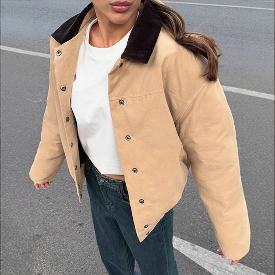 Damen modische Oversized-Jacke mit Samtkragen und Druckknopfverschluss R&B