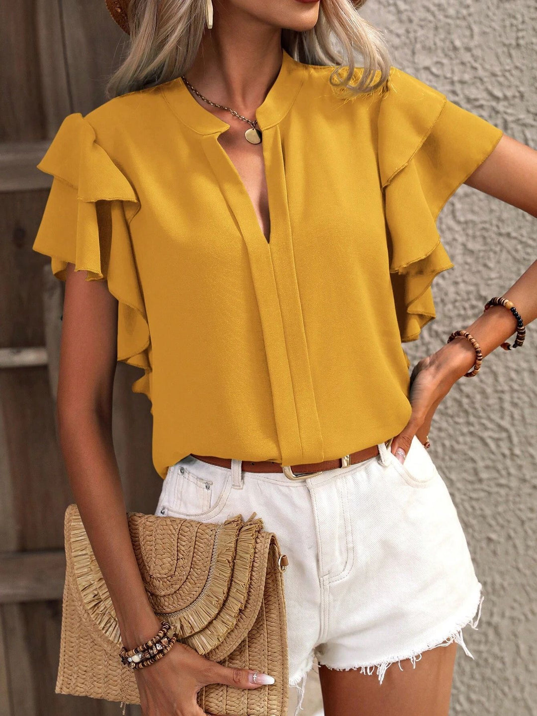 Damen Elegantes Oberteil mit voluminösen Rüschenärmeln und V-Ausschnitt R&B
