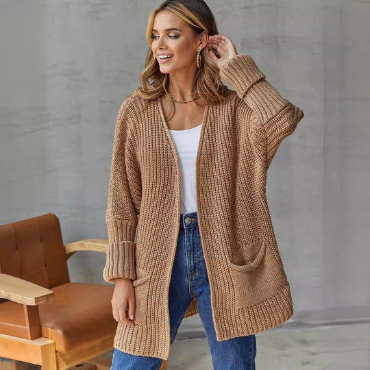 Damen Lange Strickjacke mit lockerer Passform und praktischen Taschen R&B