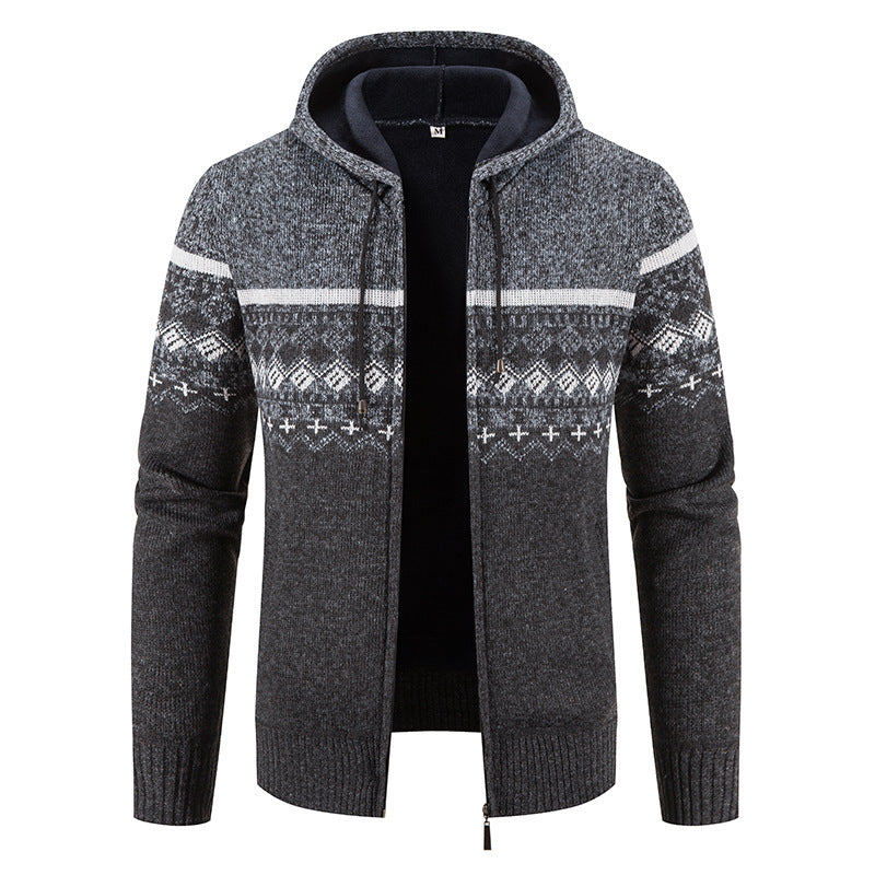 Herren nan gefütterte Strick-Zipjacke im Norwegerstil mit Kapuze und Thermofleece R&B