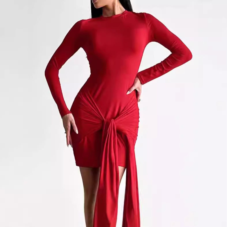 Damen Langärmliges Wickelkleid mit asymmetrischem Saum und tailliertem Schnitt R&B
