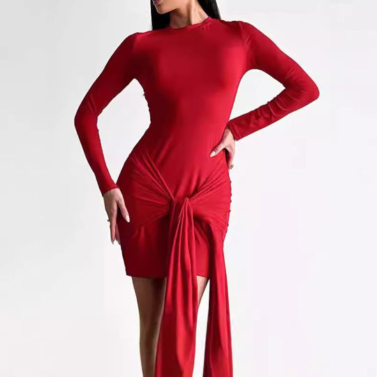 Damen Langärmliges Wickelkleid mit asymmetrischem Saum und tailliertem Schnitt R&B