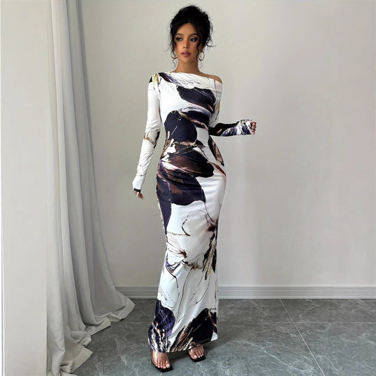Damen Elegantes Maxikleid mit asymmetrischem Design und modernem Druck R&B