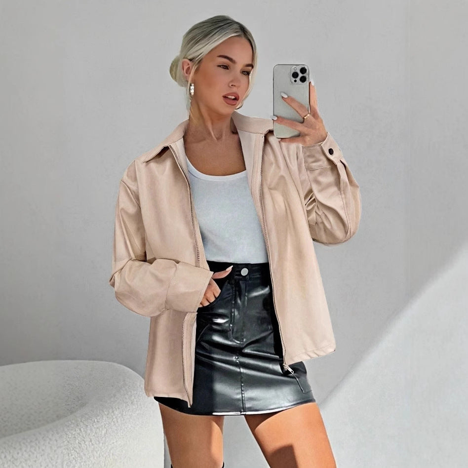 Damen leichtgewichtige Kunstlederjacke mit modernem Reißverschluss R&B