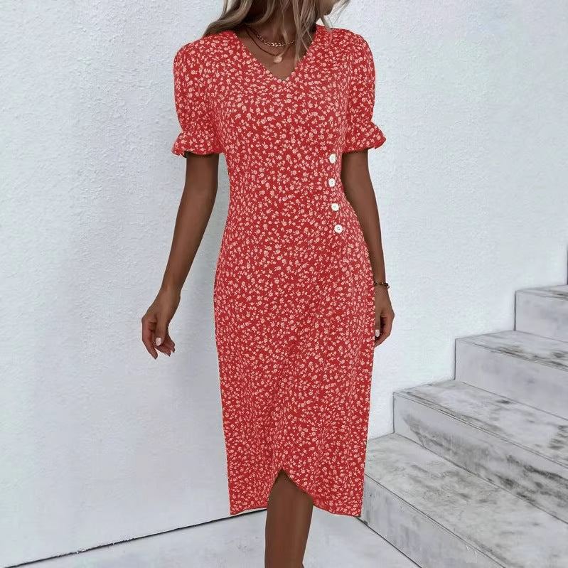 Damen Midikleid mit floralen Mustern und schmeichelndem V-Ausschnitt R&B