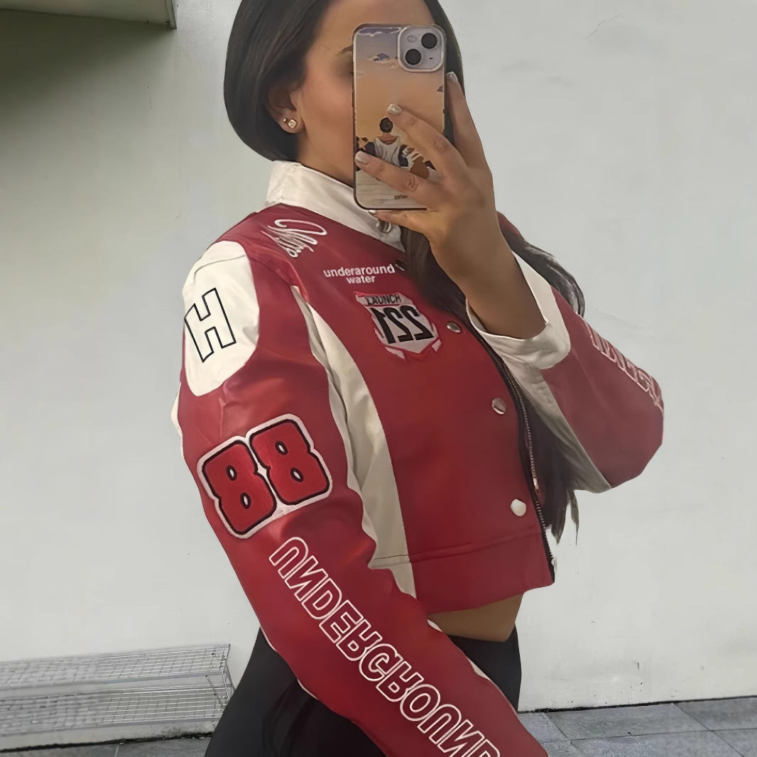 Damen trendige cropped Bikerjacke mit sportlichen Patches R&B