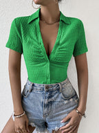 Damen Kurzarm Bluse mit strukturiertem Material und V-Ausschnitt R&B