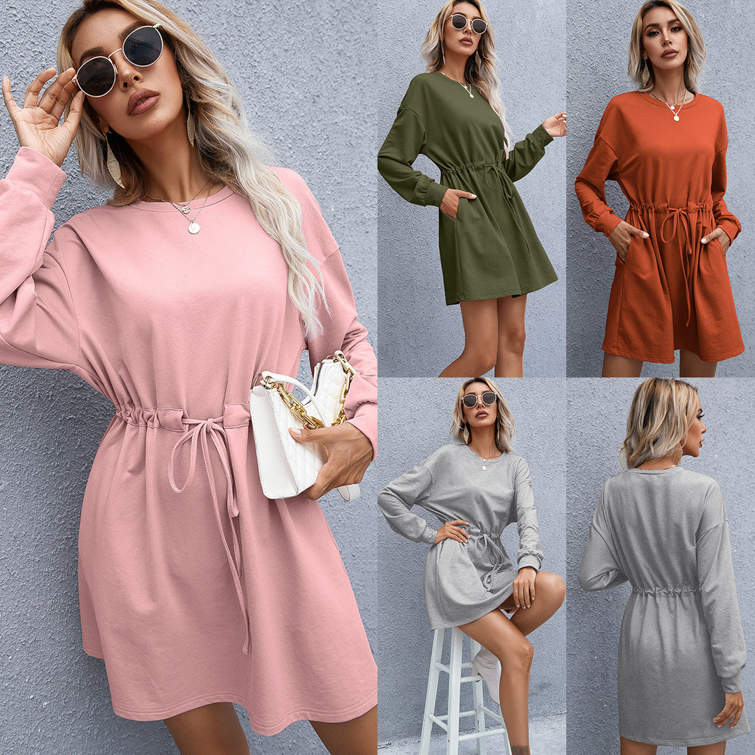 Damen lässiges Sweatshirt-Kleid mit praktischer Taillenschnürung und seitlichen Taschen R&B