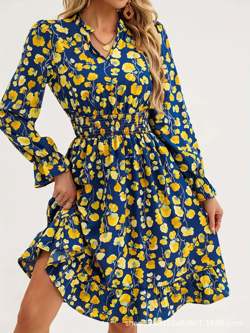 Damen Blütenmuster Mini-Kleid mit voluminösen Ärmel und elastischem Taillenbund R&B