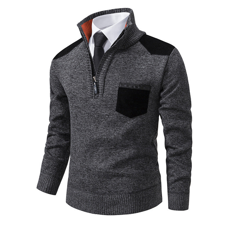 Herren eleganter Pullover mit Stehkragen und praktischer Brusttasche R&B