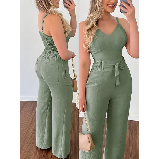 Damen Jumpsuit mit breiten Beinen und Schärpe R&B