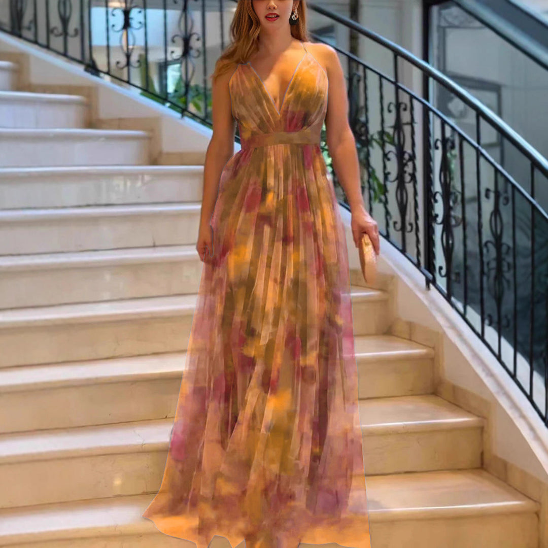 Damen Maxikleid mit tiefem V-Ausschnitt und fließendem Chiffon R&B
