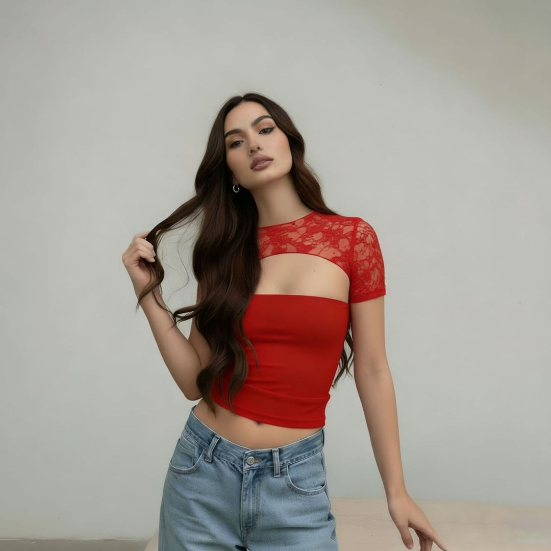 Damen Cropped Top mit Spitzenmuster und figurbetontem Schnitt R&B