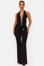 Damen elegantes, figurbetontes Jumpsuit mit tiefem Ausschnitt und weitem Bein R&B