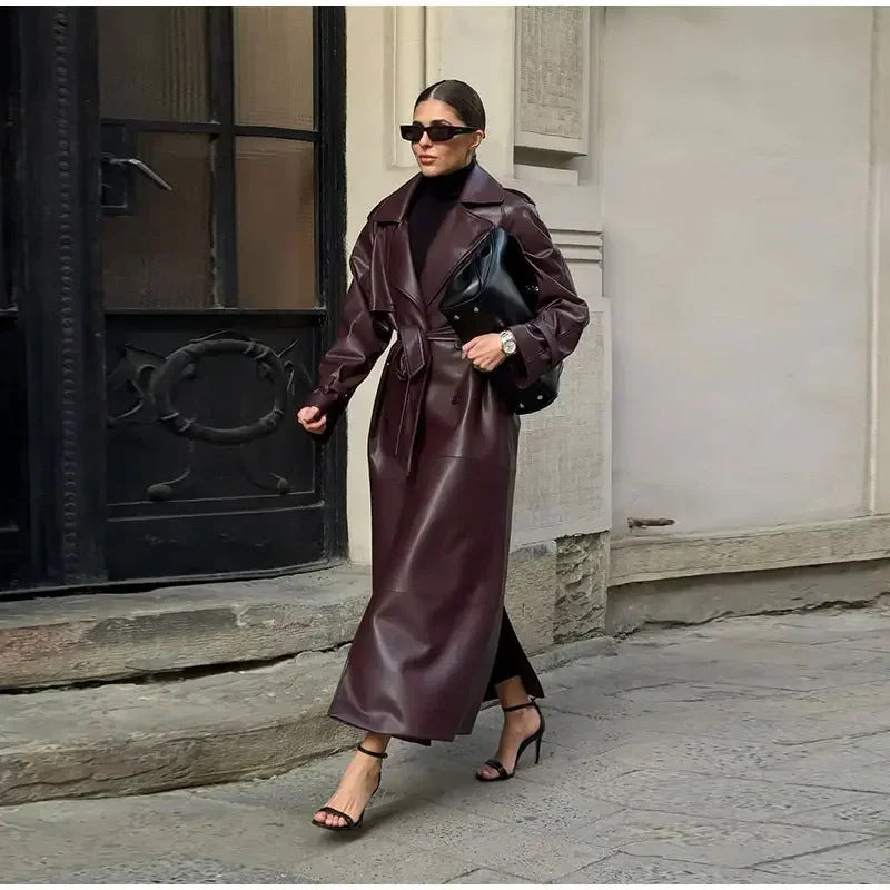 Damen Eleganter Kunstleder-Trenchcoat mit tailliertem Gürtel R&B