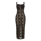 Damen Elegantes langes Spitzenkleid mit verführerischem Schlitz und Spaghettiträgern R&B