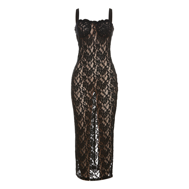 Damen Elegantes langes Spitzenkleid mit verführerischem Schlitz und Spaghettiträgern R&B