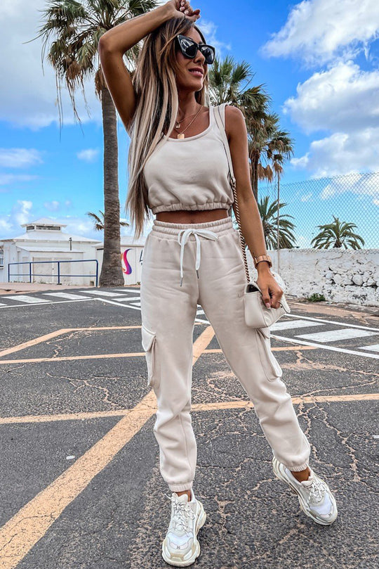 Damen lässiges Crop-Top und Jogginghose-Set mit verstellbarem Kordelzug R&B