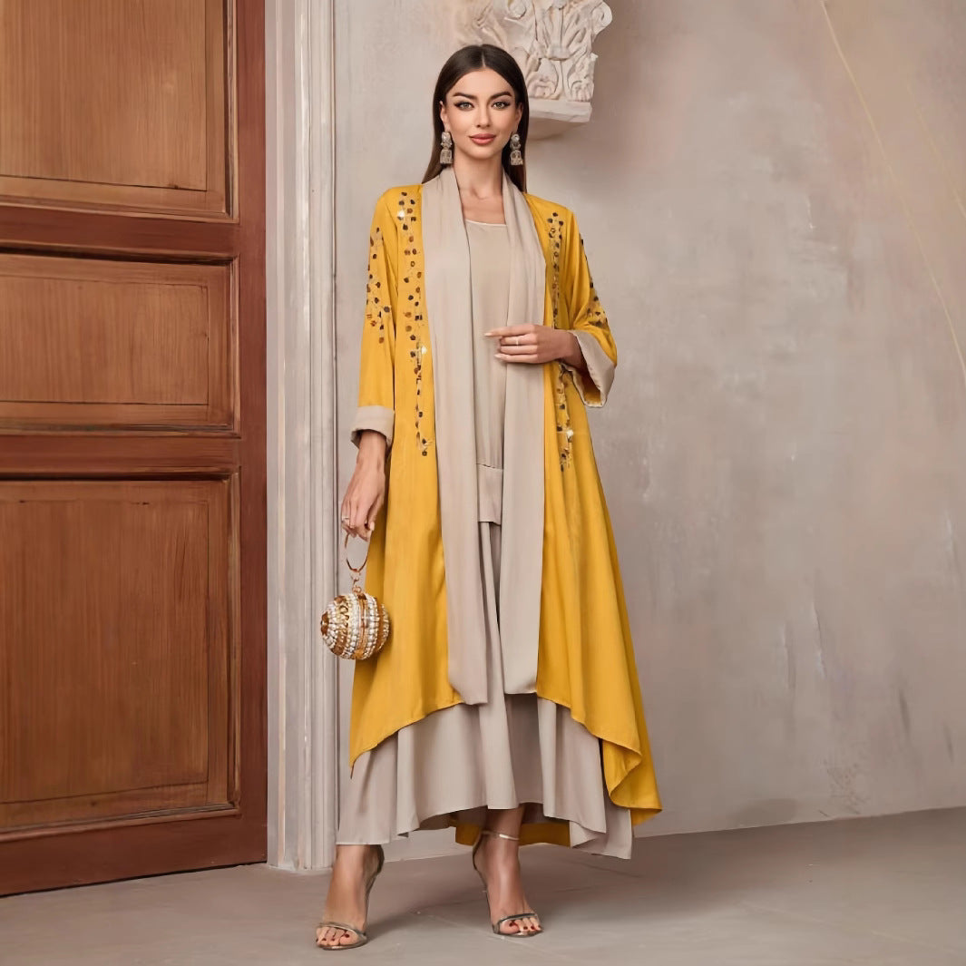 Damen Langarm-Kimono mit dekorativen Applikationen und asymmetrischem Saum R&B