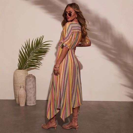 Damen Maxikleid mit tiefem V-Ausschnitt und schwingendem Rock R&B