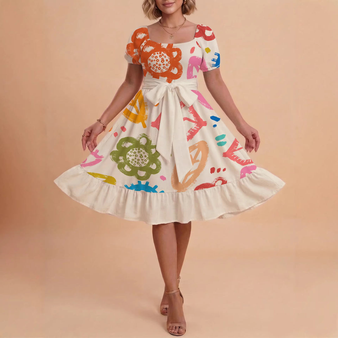 Damen Sommerkleid mit floralem Puffärmel und taillierbarem Gürtel R&B