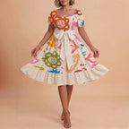 Damen Sommerkleid mit floralem Puffärmel und taillierbarem Gürtel EB