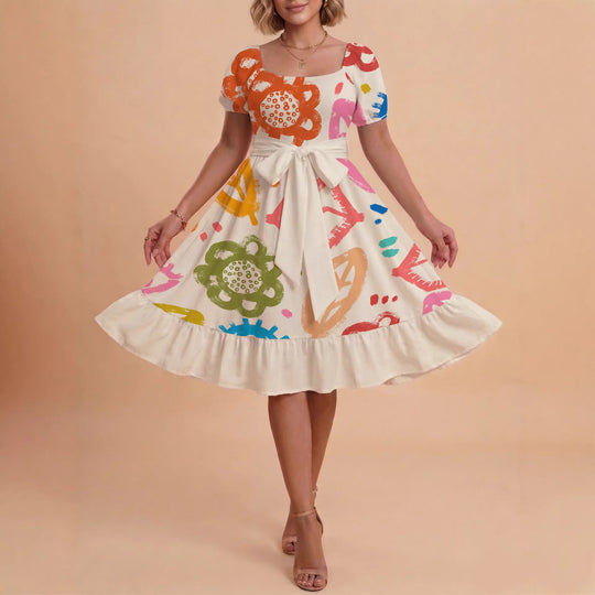 Damen Sommerkleid mit floralem Puffärmel und taillierbarem Gürtel R&B