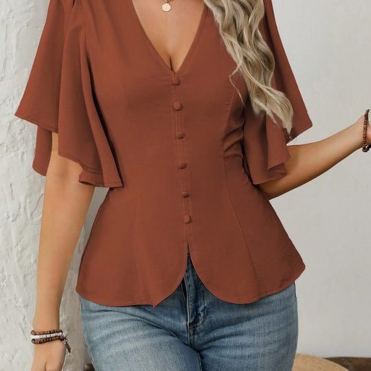 Damen elegante Bluse mit Glockenärmeln und Knopfdetail R&B