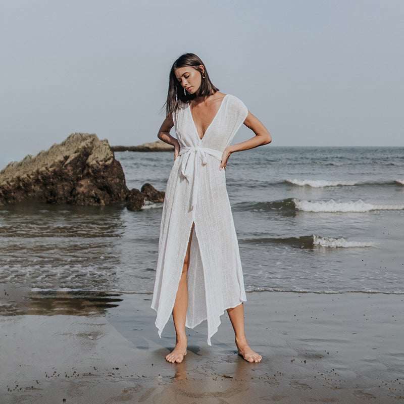 Damen luftiges Strandkleid mit Bindegürtel R&B