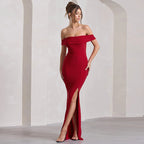 Damen Maxi-Kleid mit schulterfreiem Design und elegantem Schlitz R&B