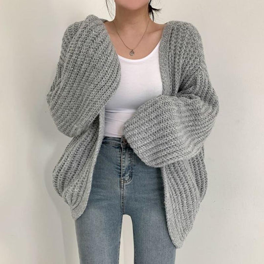 Damen grob gestrickte Oversized Cardigan mit tiefem V-Ausschnitt R&B