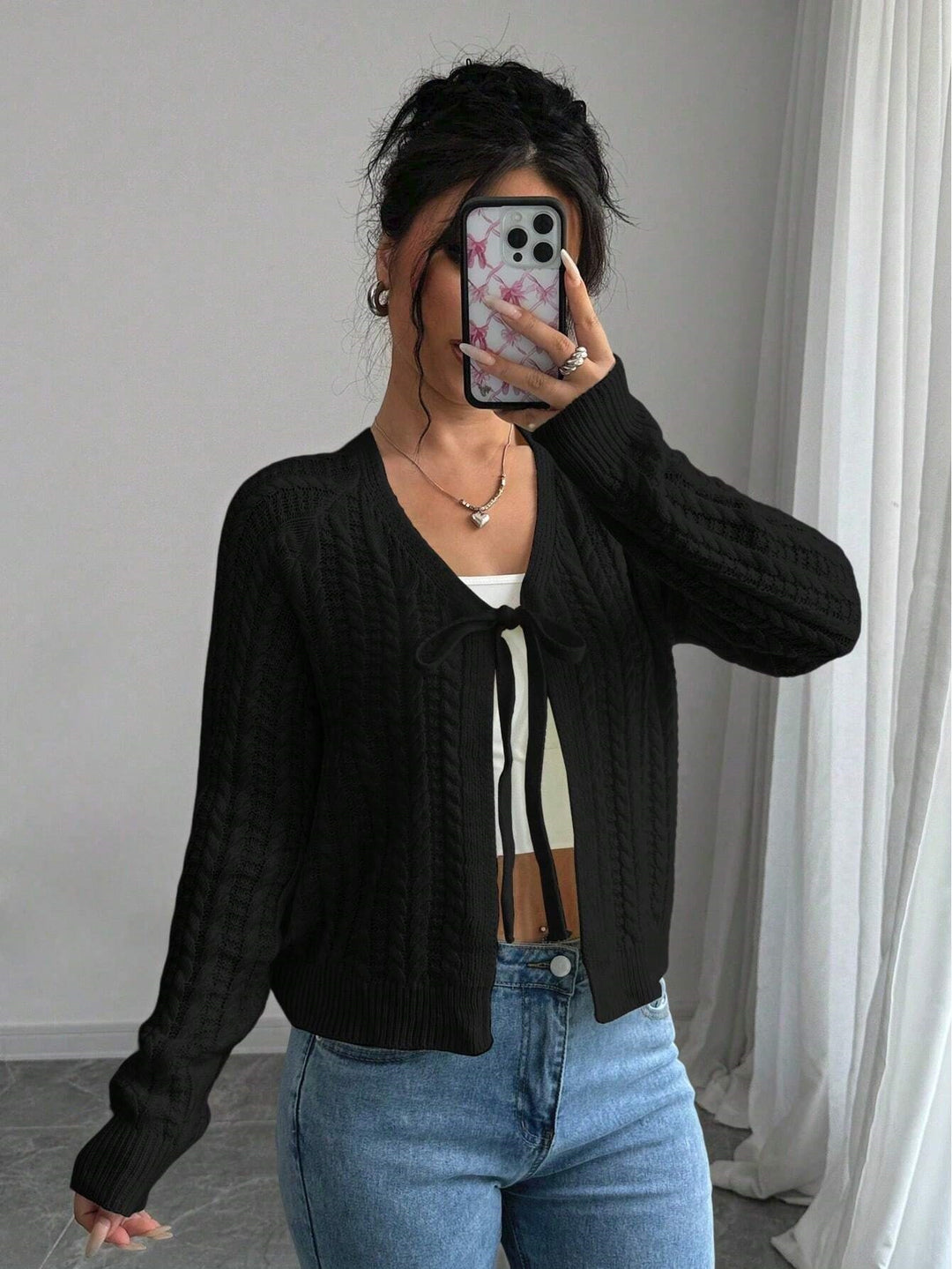Damen Strickjacke mit modischem Kordelzug und feiner Netzstruktur R&B